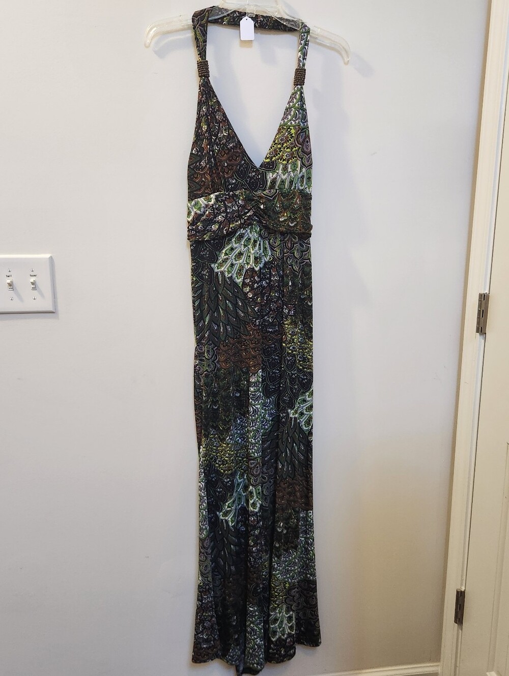 Cristinalove Halter Maxi Dress in Olive Green and Brown Paisley